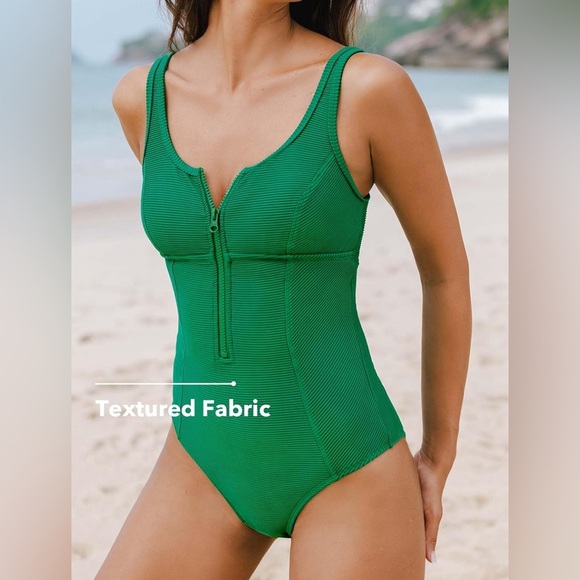 CUPSHE One Piece Swimsuit Tummy Control Bathing Suit Zipper Front Adjustable - Picture 3 of 7